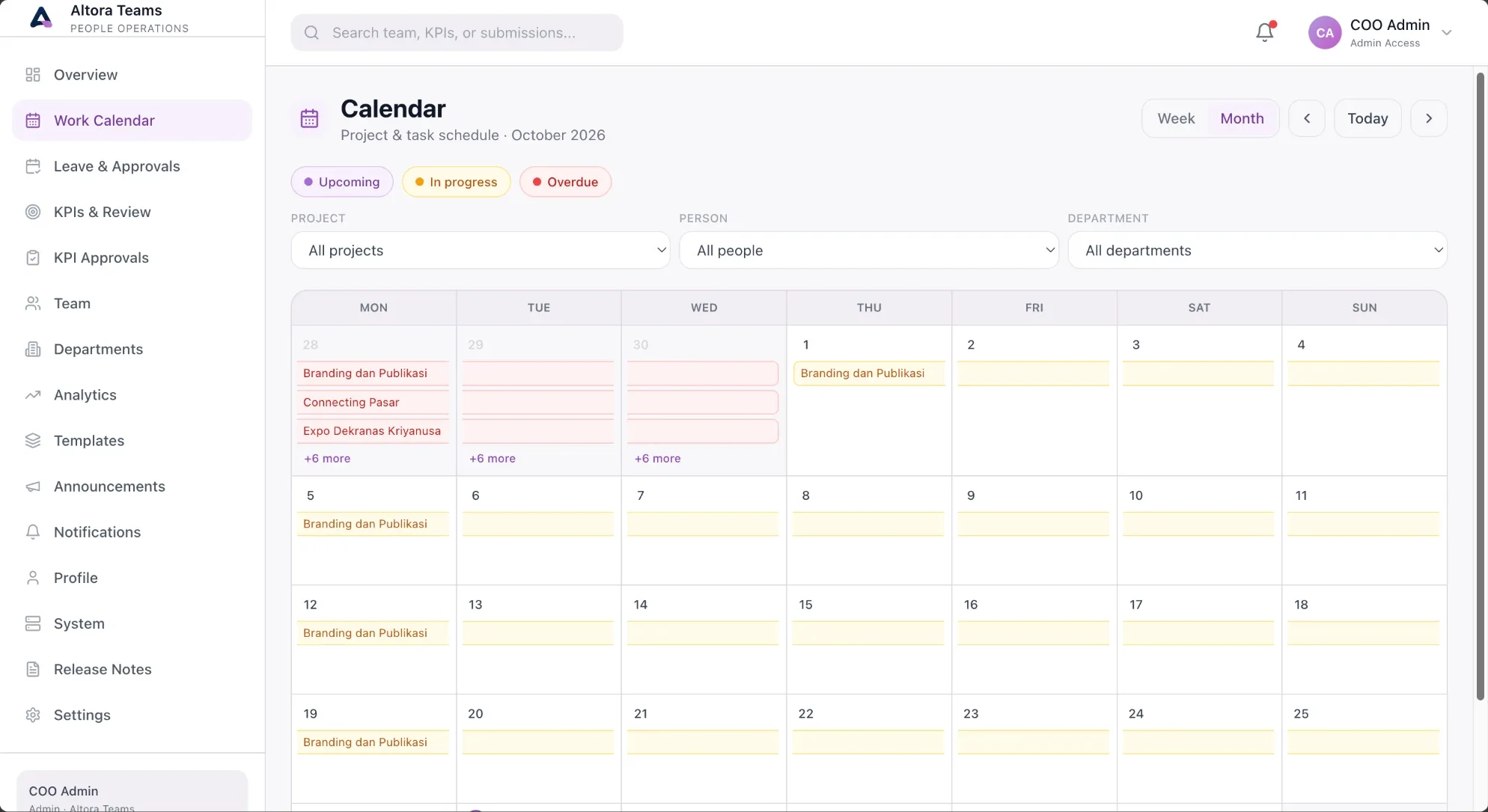 Kalender kerja bulanan dengan jadwal proyek dan tugas serta filter proyek, orang, dan departemen